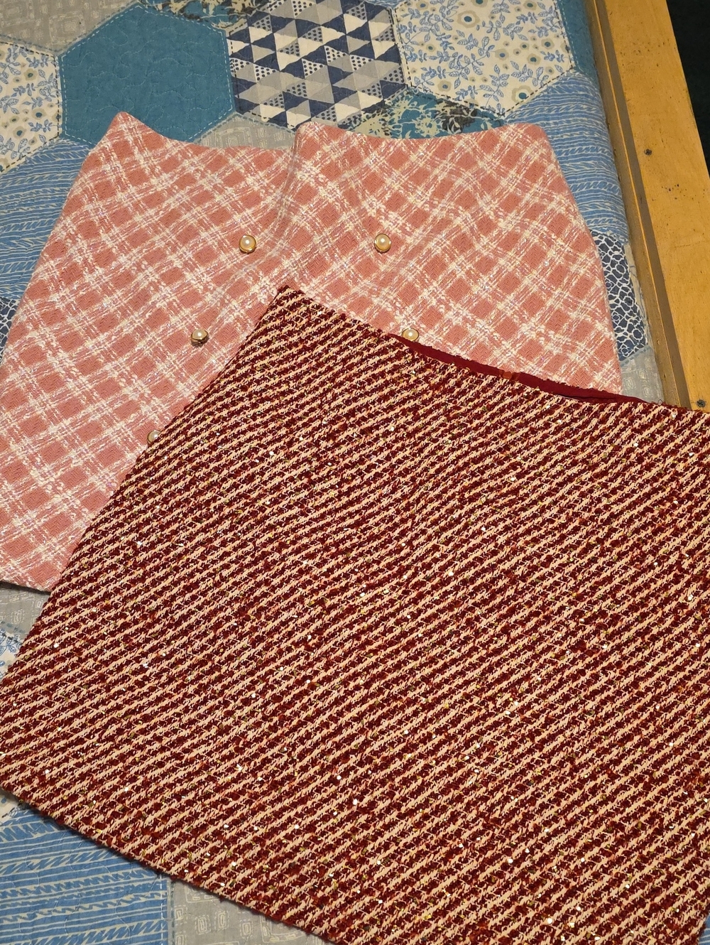 Chic Soul Pink Tweed & Maroon Bouclé Skirts Set